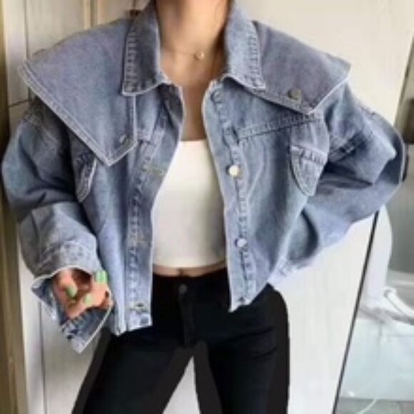 Bold Bib Collar Blue Jean Jacket – Trendy Cropped Cut - Picture 9 of 15